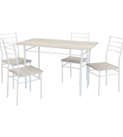 Set tavolo e 4 sedie in metallo bianco e top legno, 120x70x75 cm