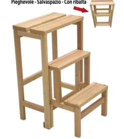 Sgabello scala con 3 gradini a ribalta richiudibile in legno 37x23x60 cm