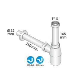 Sifone a bottiglia 1 1/4" in abs cromato, per bagno