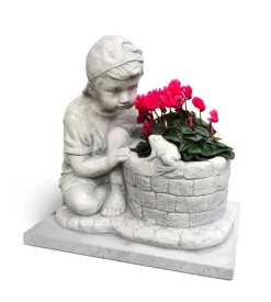 Statua porta vaso da giardino "tommy" in cemento anticato colore grigio - 46x58x41 cm