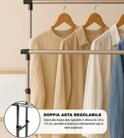 Stender appendiabiti doppio estensibile bellahome con ruote in metallo bianco 45x90x104/170 cm