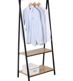 Stender appendiabiti in metallo nero e legno con 2 ripiani, 64x40x150 cm