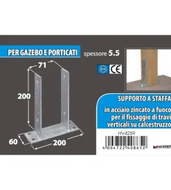 Supporto per pali da avvitare 71 x 60 x 200 x 200 mm.