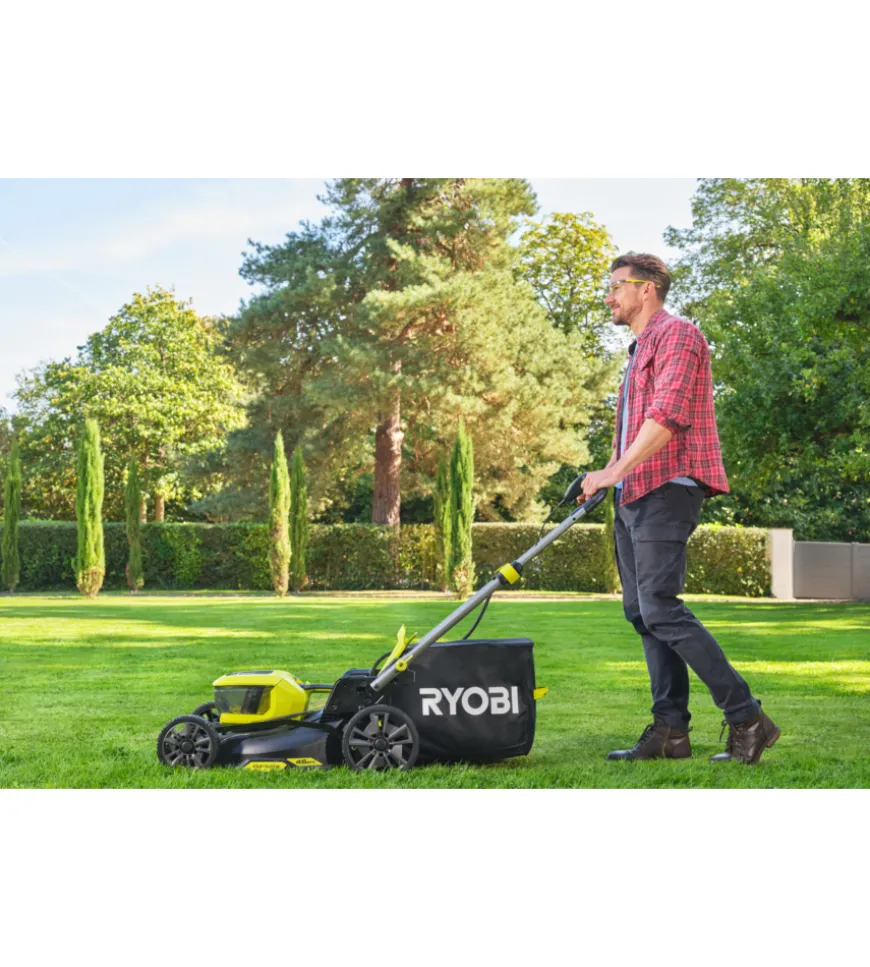 Tagliaerba a batteria ryobi "ry18lmx46a-250" taglio 46 cm 18v, due batterie 5.0ah incluse