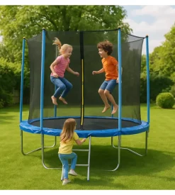 Tappeto elastico da giardino per bambini eurogarden in acciaio e pvc con rete e scaletta 244 cm