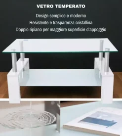 Tavolino da soggiorno "alva" bianco con top in vetro temperato 100x60x45 cm