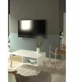 Tavolino da soggiorno "oslo" bianco con cassetto e gambe quercia, 98,7x60,2x43,3 cm