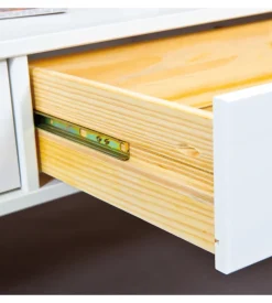 Tavolino in legno con piano vetro e 2 cassetti, 115x45x60 cm