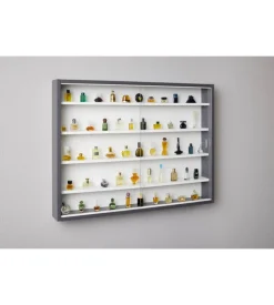 Vetrinetta scaffale in legno grigio con ante in vetro scorrevoli, 80x9,5x60 cm